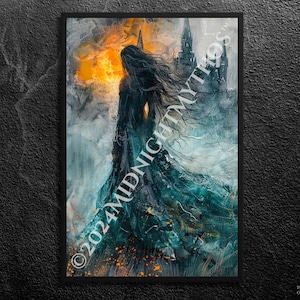 May include: A painting depicting a woman in a long, flowing, dark blue and green gown standing before a castle. The woman has long, dark hair and is gazing away from the viewer. The castle is in the background, partially obscured by mist. The painting is executed in a painterly style with a textured finish. The text "© 2024 MIDNIGHTMYTHOS" is located in the bottom left corner of the painting.
