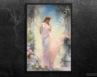 Aphrodite Art Print: Olympian Greek Goddess in Garden, Flower Wall Art (Unframed)