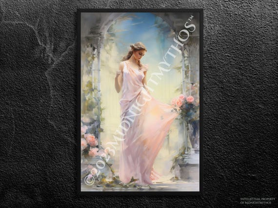 Aphrodite Art Print: Olympian Greek Goddess in Garden, Flower Wall Art (Unframed)