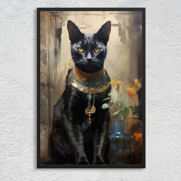 Domestic Bastet: Homely Majesty - Black Feline Elegance, Gold-Adorned, Mystic Guardian, Nurturer - Egyptian Mythology Art Print, Unframed