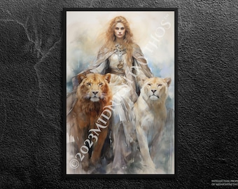 Freyja Art Print: Norse Goddess with Cats, Divine Femininity
