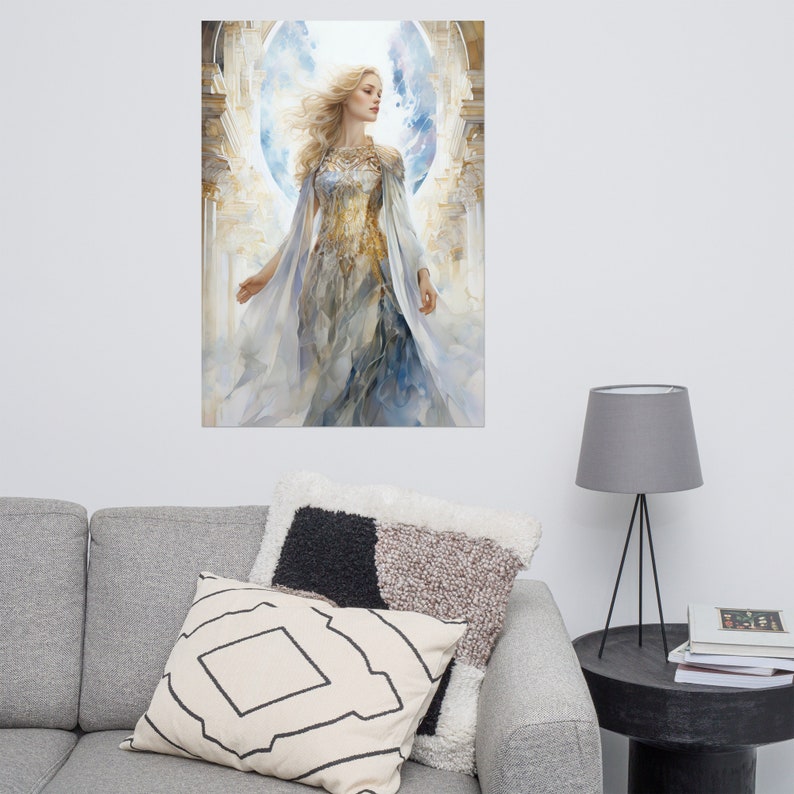 Freya in her Grand Hall Sessrúmnir within Fólkvangr: Divine Goddess of Radiant Love, Ethereal Beauty Norse Mythology Art Print, Unframed image 7