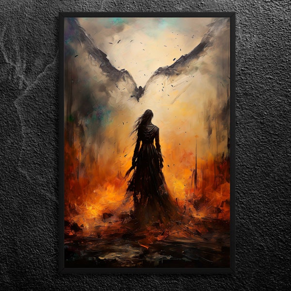 The Morrigan Witnessing Departure of a Fallen Warrior's Spirit - Guiding Souls to the Afterlife - Celtic Mythology Wall Art Print, Unframed