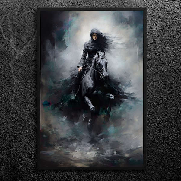 Sovereign Black Rider: The Morrigan - Celtic Goddess of Fate and Prophecy - Cloak and Horse - Mythology Wall Art Print, Unframed