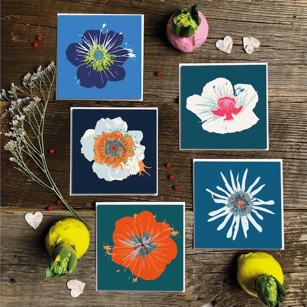 5 bold floral note cards, inspired by local wildflowers, created digitally and printed on deluxe textured and thick archival quality paper