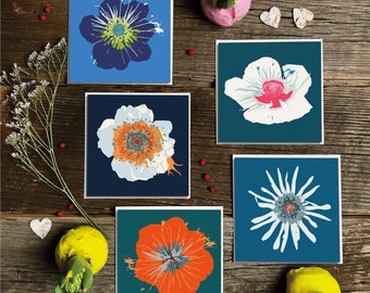 5 bold floral note cards, inspired by local wildflowers, created digitally and printed on deluxe textured and thick archival quality paper