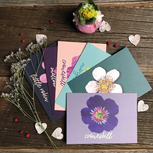 6 mutige, von lokalen Wildblumen inspirierte Postkarten, digital erstellt und auf hochwertigem, strukturiertem und dickem Archivpapier gedruckt
