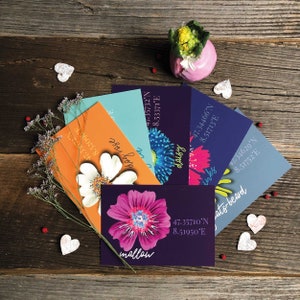 6 mutige Postkarten im floralen Design, inspiriert von lokalen Wildblumen, digital erstellt und auf seidig weichem 380g/m² Papier gedruckt.