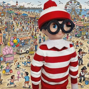 May include: A doll dressed as Waldo wearing a red and white striped long-sleeve shirt, a matching red and white beanie with a pom-pom, and large black circular glasses, positioned in front of a detailed illustration of a busy beach boardwalk.
