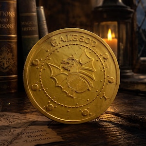 May include: A circular gold-colored coin featuring an embossed dragon in the center and the word GALEON inscribed at the top. The coin has a decorative border with small circular indentations and a smooth, metallic finish on its surface.