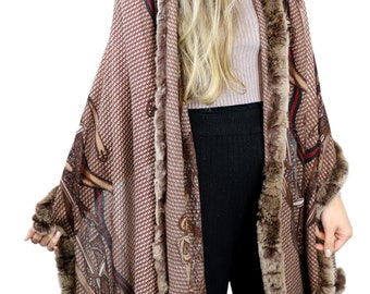 Stylish Print Rex Fur Trim Wrap - Camel