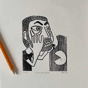 Original Linocut Print, &quot;New Low Score&quot;