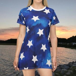 Blue T-Shirt Dress With Stars 4th Of July Summer Pool dress