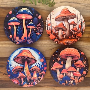 4 Pc Set Mushrooms Sublimation Wood Coasters, Housewarming Gift ~ Whimsical Mushrooms ~ Magical Mushrooms