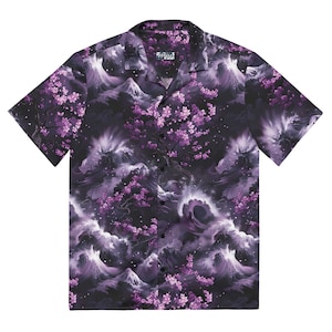May include: Short-sleeved button-down shirt with a dark background and a vibrant, artistic design. The shirt features a pattern of purple cherry blossoms, mountains, and swirling waves. The shirt has a classic collar and a button-up front. The brand name "PPRM" is visible.