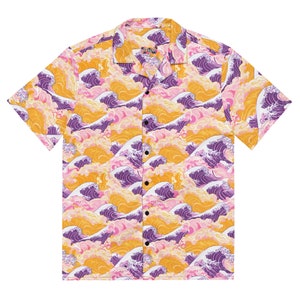 May include: A short-sleeved button-down shirt with a colorful wave pattern in shades of yellow, pink, and purple. The shirt has a collar and a button closure. The text "PPNM" is visible on the collar.