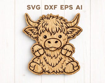 Vaca de las Tierras Altas SVG DXF EPS AI / Lindo archivo de corte láser de vaca bebé / Diseño de corte de madera de animal de granja para proyectos CNC de Cricut Glowforge