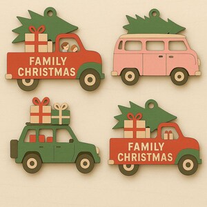 May include: Four wooden Christmas ornaments shaped like vehicles. Two red trucks with "FAMILY CHRISTMAS" text, a pink van, and a green SUV. Each carries a green Christmas tree and gifts. The ornaments have a rustic, festive design, perfect for the holiday season.
