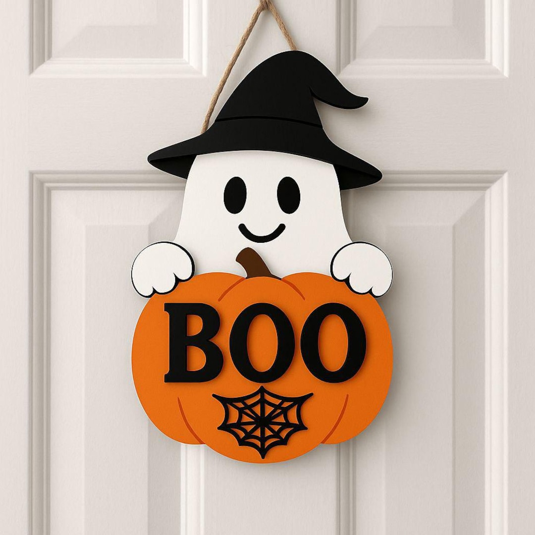 Halloween Ghost Pumpkin Door Hanger SVG | Boo Sign SVG Cut File ...