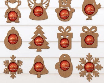 Paquete de archivos SVG para adorno de porta bombones Lindor navideños / 12 archivos para corte láser / Porta bombones Lindt / Glowforge Cricut xTool / Etiquetas de regalo navideñas
