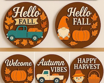 Fall Door Hanger SVG Bundle | Hello Fall Welcome Sign | Autumn Round Truck Pumpkin Gnome Harvest Porch Decor | Laser Cut Files Cricut