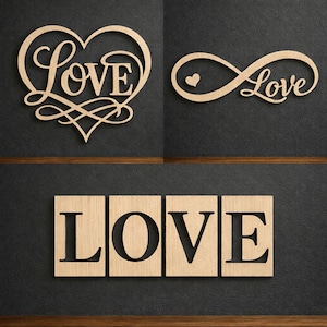 May include: Three wooden decorative signs spelling "Love". One is in a heart shape, another in an infinity symbol, and the third is in individual block letters. The signs are made of light-colored wood.