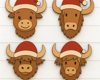 Highland Cow Christmas Ornament SVG Bundle | Layered Laser Cut Files | Farm Animal Santa Cow SVG | Glowforge Cricut CNC Dxf