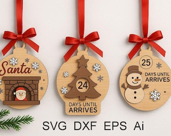 Christmas Countdown Ornament Svg Bundle | Laser Cut Files | Santa Snowman Tree Ornament | Glowforge Ready Cut File