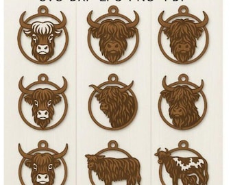 Highland Kuh Bundle | Bauernhaus Kuh Ornament Laser Cut Dateien | Kuh-Svg Dxf Eps Png | Cricut Glowforge Holzschild Dekor