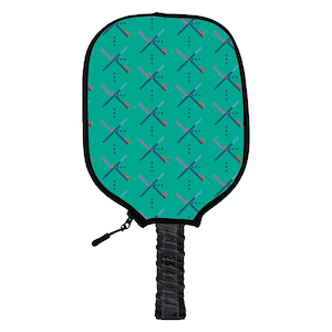 May include: A teal and black pickleball paddle with a geometric pattern of crossed lines and dots. The paddle has a zippered cover and a black grip.