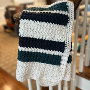 Handmade Crocheted Baby Blanket - Antique White, Navy Blue, and Green