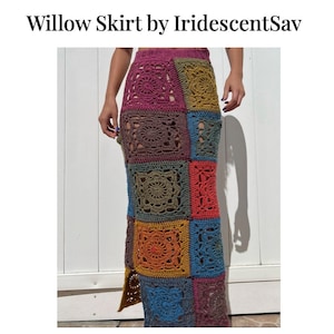 May include: A long, colorful crochet skirt with a patchwork design. The skirt is made of different colored squares, including pink, brown, green, orange, and blue.