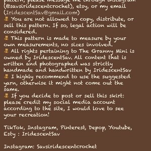 Puede incluir: Un descargo de responsabilidad para un patr&oacute;n de crochet, que establece que el patr&oacute;n est&aacute; hecho a medida y no a tama&ntilde;o. Tambi&eacute;n establece que todos los derechos sobre el patr&oacute;n pertenecen a IridescentSav y que el patr&oacute;n no se puede copiar ni distribuir sin permiso. El descargo de responsabilidad tambi&eacute;n incluye los identificadores de redes sociales de IridescentSav.