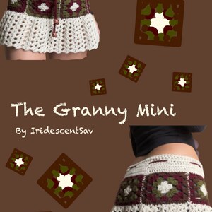 Puede incluir: Una minifalda de crochet blanca con una cintura estampada en marr&oacute;n, verde y blanco. La falda tiene un dobladillo con volantes y se ata a la cintura con un cord&oacute;n marr&oacute;n. El texto "The Granny Mini" y "By IridescentSav" est&aacute; escrito debajo de la falda.