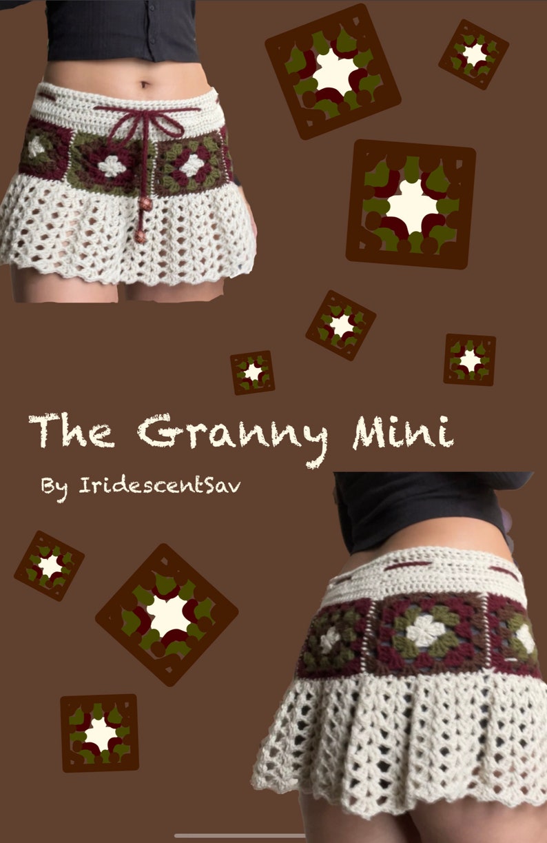 Puede incluir: Una minifalda de crochet blanca con una cintura estampada en marr&oacute;n, verde y blanco. La falda tiene un dobladillo con volantes y se ata a la cintura con un cord&oacute;n marr&oacute;n. El texto "The Granny Mini" y "By IridescentSav" est&aacute; escrito debajo de la falda.