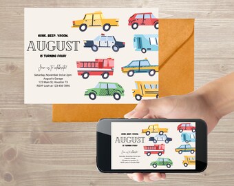 May include: A birthday invitation for a child turning four. The invitation features a colorful design with various cartoon vehicles, including a police car, fire truck, school bus, and taxi. The text on the invitation reads "HONK. BEEP. VROOM. AUGUST IS TURNING FOUR!" and includes details about the party, such as the date, time, location, and RSVP information.