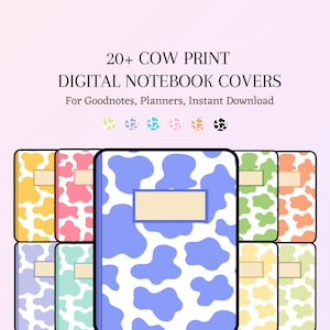 Puede incluir: Un conjunto de más de 20 cubiertas digitales para cuadernos con un diseño de estampado de vaca en varios colores, incluidos amarillo, rosa, azul, verde y morado. Las cubiertas están diseñadas para Goodnotes, planificadores y están disponibles para descarga instantánea. El texto "20+ COW PRINT DIGITAL NOTEBOOK COVERS" y "For Goodnotes, Planners, Instant Download" se muestra en la parte superior de la imagen.