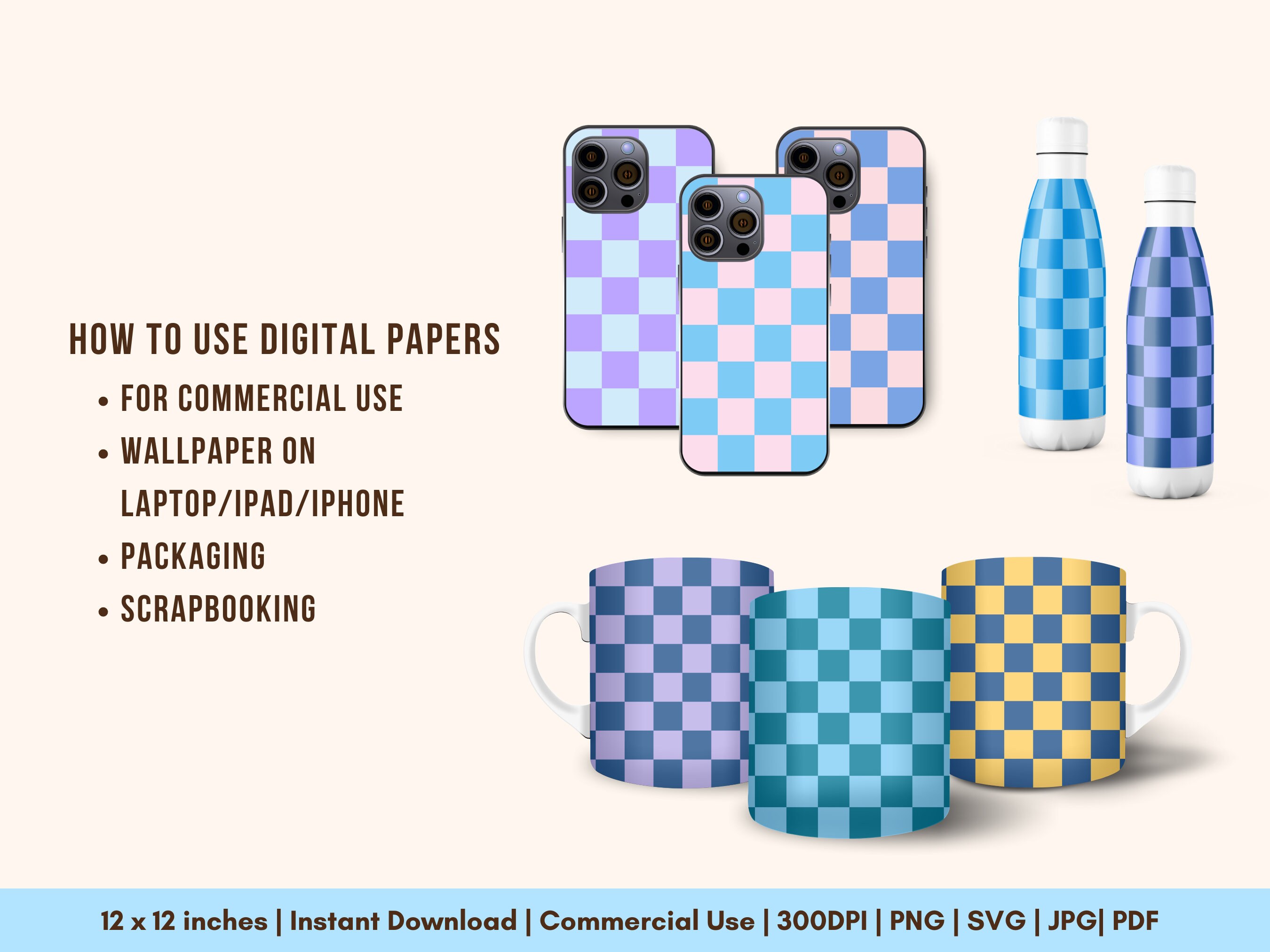 50 Blue Checkerboard Digital Papers Checker Seamless Pattern Etsy