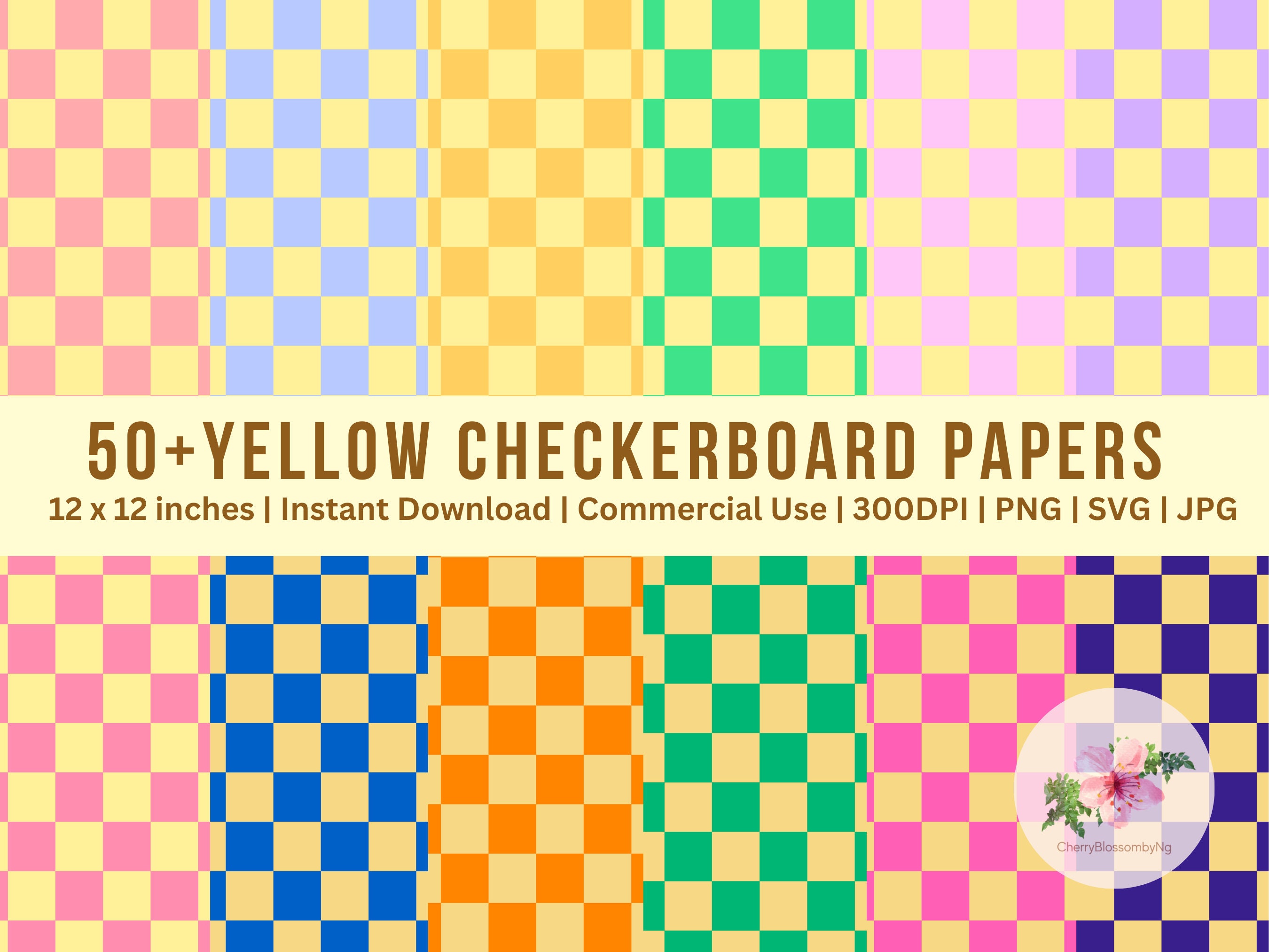 50 Yellow Checkerboard Digital Papers, Checkerboard Seamless Patterns ...