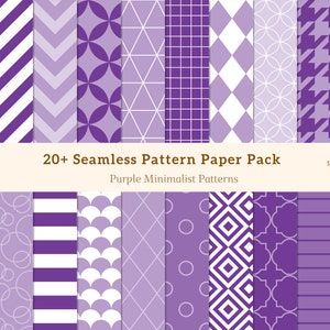 May include: A collection of 20+ seamless pattern papers in various purple minimalist designs. Patterns include polka dots, stripes, geometric shapes, and hearts. The paper pack is 12 x 12 inches and high resolution.