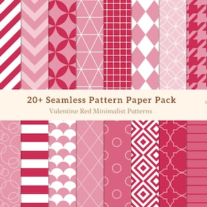 Puede incluir: Un conjunto de papeles de patrones sin costuras con temática de San Valentín en tonos rojos y rosas. Los diseños incluyen lunares, rayas y corazones. El texto de la imagen dice "20+ Seamless Pattern Paper Pack".