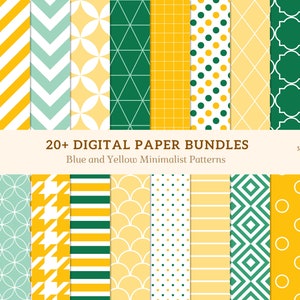 May include: A collection of digital paper bundles featuring various minimalist patterns in shades of blue, yellow, and green. The designs include polka dots, stripes, geometric shapes, and floral motifs. The text reads "20+ DIGITAL PAPER BUNDLES Blue and Yellow Minimalist Patterns."