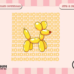 Xoxo イエロー バルーン ドッグ SVG PNG、グルーヴィーなレトロなキャラクター、昇華印刷用のトレンディな美的デザイン、シャツ、マグカップ、トートバッグ、枕、商用利用