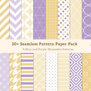 May include: A collection of 20+ seamless pattern paper designs in yellow and purple. The patterns include polka dots, stripes, geometric shapes, and floral motifs. The text reads "20+ Seamless Pattern Paper Pack Yellow and Purple Minimalist Patterns."