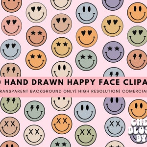 50 imágenes prediseñadas de caras felices dibujadas a mano, sonrisa png, emoticon goteante png, emoji png para sublimación, camisetas, tazas, bolsos, uso comercial