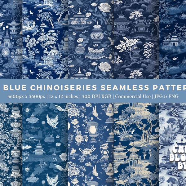10+ Chinoiserie Floral Seamless pattern, French-Inspired Blue & White digital papers for sublimation digital photography backdrop, fabric