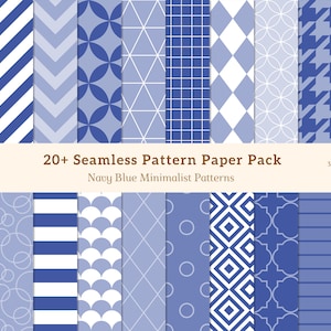 May include: A collection of navy blue and white seamless pattern paper designs. The patterns include polka dots, stripes, geometric shapes, and floral motifs. The text reads "20+ Seamless Pattern Paper Pack Navy Blue Minimalist Patterns".