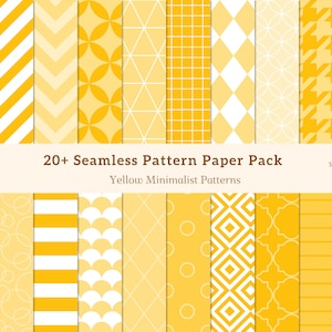 May include: A collection of 20+ seamless pattern papers in various yellow minimalist designs. Patterns include polka dots, stripes, geometric shapes, and houndstooth. The paper pack is 12 x 12 inches and high resolution.