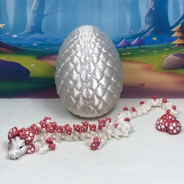 Mushroom Dragon with Dragon Egg, 3D Printed Articulated White and Red Mushroom Dragon, 12"  White and Red Dragon, Fidget ADHD Sensory Toy