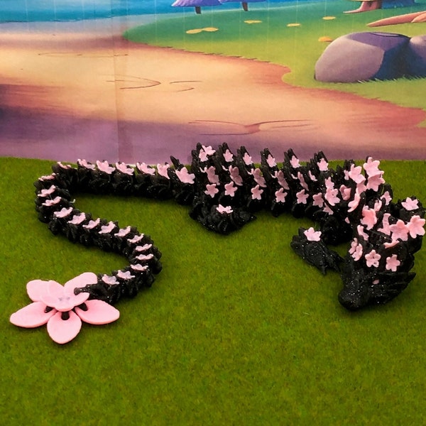 Cherry Blossom Dragon, 3D Printed Articulated Black and Pink Cherry Blossom Dragon, Fidget ADHD Sensory Toy